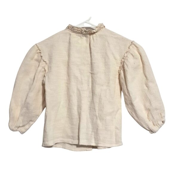 ZARA Girls Blouse Size 3-4 Cream Cotton Puff Sleeve Button Down Top With Ruffle - Picture 8 of 9